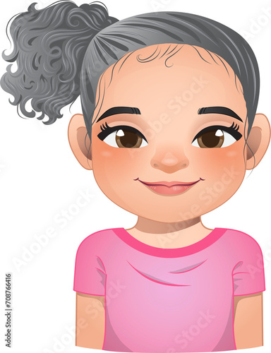 Little girl face  avatar  kid head with long curly hair and bun hairstyle or side tie hairstyle cartoon PNG