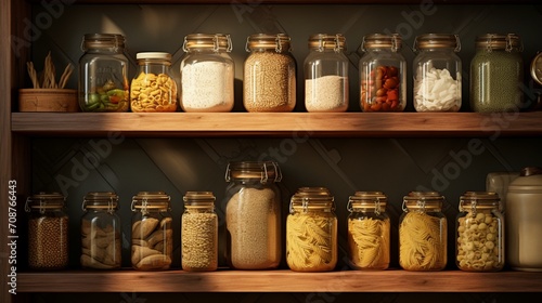 A kitchen shelf with 3D-rendered jars containing pasta, rice, and other pantry staples.