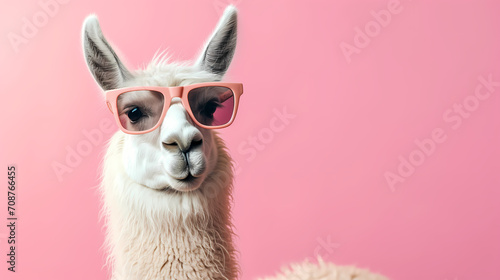 Llama in sunglass shade glasses isolated on solid pastel background