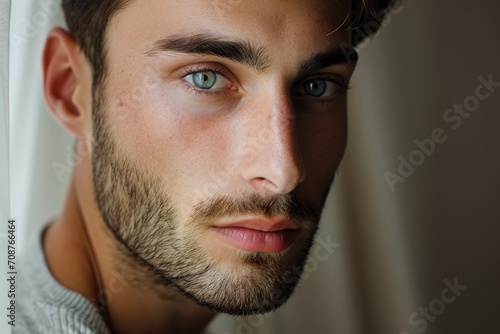 Close-up studio portrait of a man with a gentle, poetic look, isolated on a soft, dreamy background