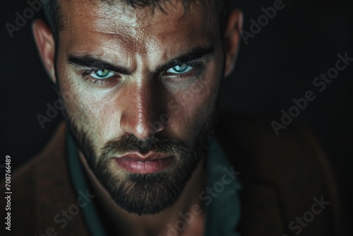 Close-up studio portrait of a man with a mysterious, intriguing look, isolated on a dark, moody background