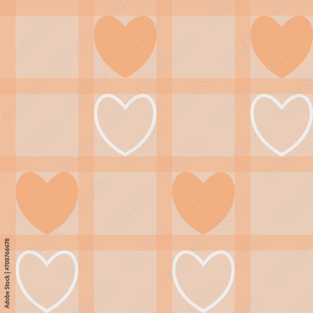 Hearts on a peach checkered background. Orange hearts inside the cells. Flat style. Seamless pattern. Isolated. Background for paper, cover, fabric, textile, dishes, interior decor. 