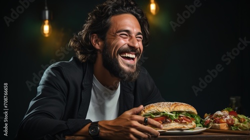 Laughing man eating a sandwich