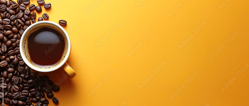 Coffee Cup Surrounded by Coffee Beans with copy space  on orange background  - obrazy, fototapety, plakaty 