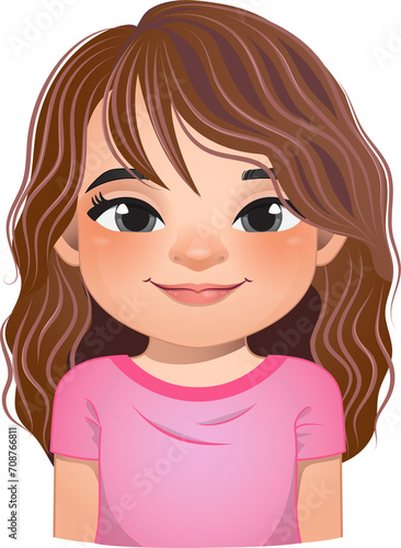Little girl face, avatar, kid head with curly long hair cartoon PNG