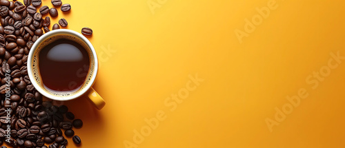 Coffee Cup Surrounded by Coffee Beans with copy space on orange background 