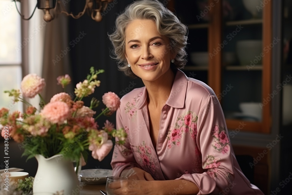Elegant woman with grey hair smiling in front of a vase of flowers Elegant woman with grey hair smiling in front of a vase of flowers