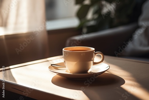 Indulge in the visual delight of a perfectly brewed and aromatic cup of coffee resting on a simple and sleek table