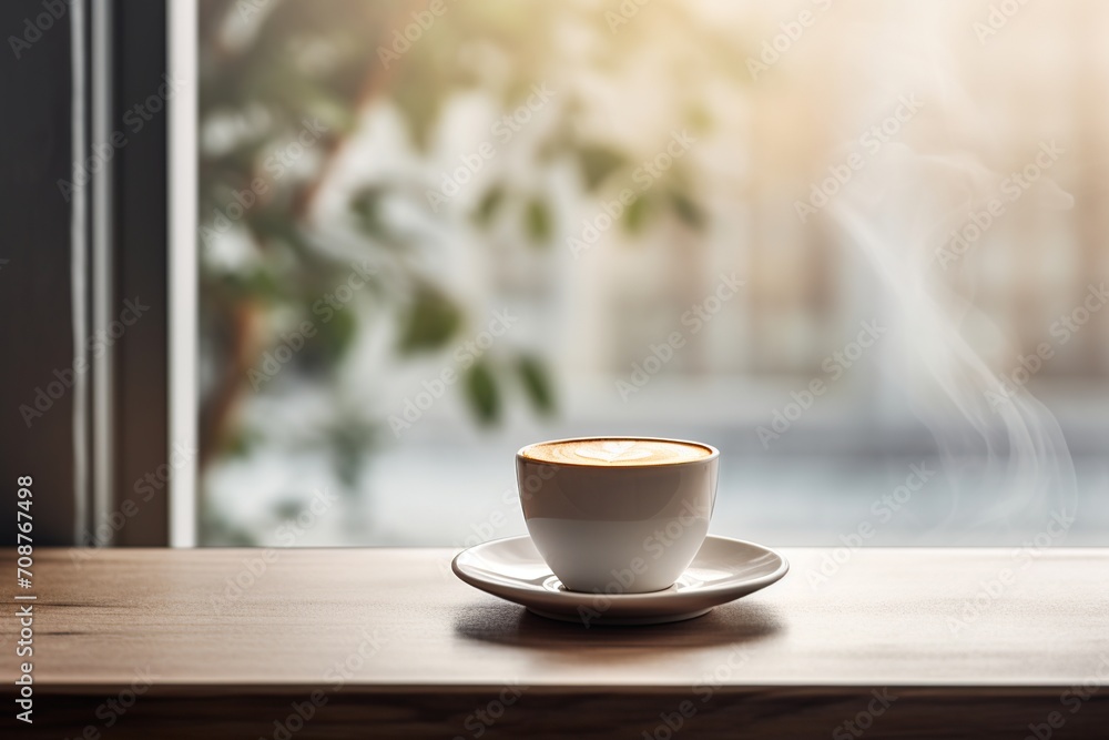 Indulge in the visual delight of a perfectly brewed and aromatic cup of coffee resting on a simple and sleek table Indulge in the visual delight of a perfectly brewed and aromatic cup of coffee resting on a simple and sleek table