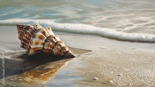  a close up of a sea shell on the sand of a beach with a wave coming in and a foamy wave coming out of the water on the beach.