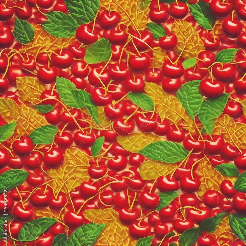 Cherry Cherries Fruit Food Fresh Texture Pattern pattern. A patterned pile of glossy red cherries with vibrant green leaves, creating a visually appealing contrast and a fresh