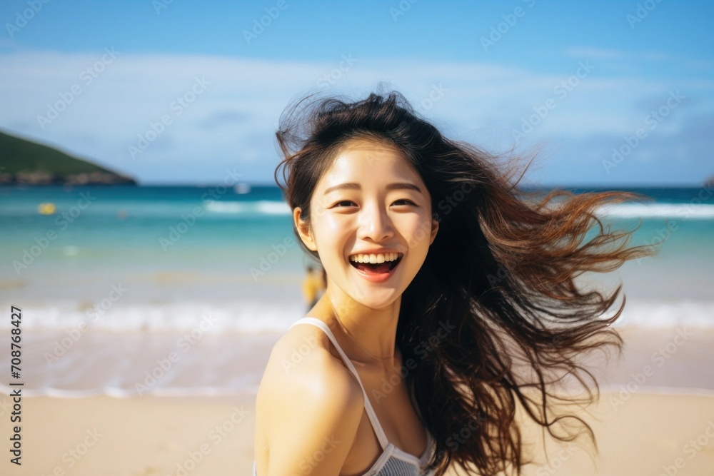 Asian woman smiling happy on tropical beach Asian woman smiling happy on tropical beach