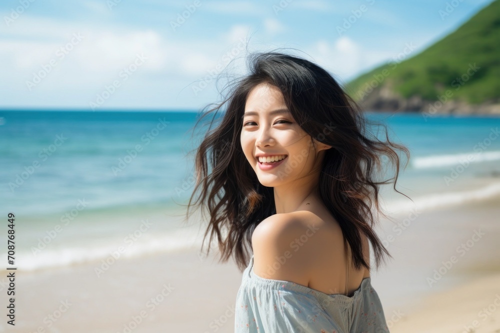Asian woman smiling happy on tropical beach Asian woman smiling happy on tropical beach