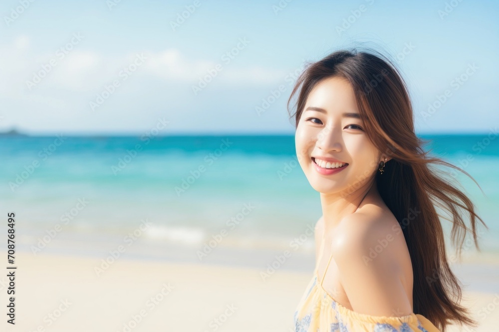 Asian woman smiling happy on tropical beach