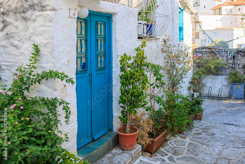 Old town with houses in Greek style. Background with selective focus and copy space