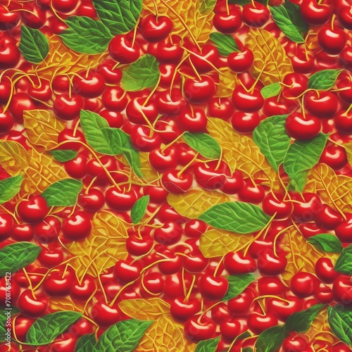 Cherry Cherries Fruit Food Fresh Texture Pattern pattern. A patterned pile of glossy red cherries with vibrant green leaves  creating a visually appealing contrast and a fresh