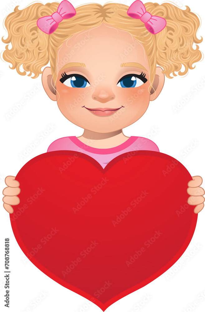Valentine day with little girl with long curly hair and bun hairstyle or side tie hairstyle holding red heart cartoon PNG Valentine day with little girl with long curly hair and bun hairstyle or side tie hairstyle holding red heart cartoon PNG