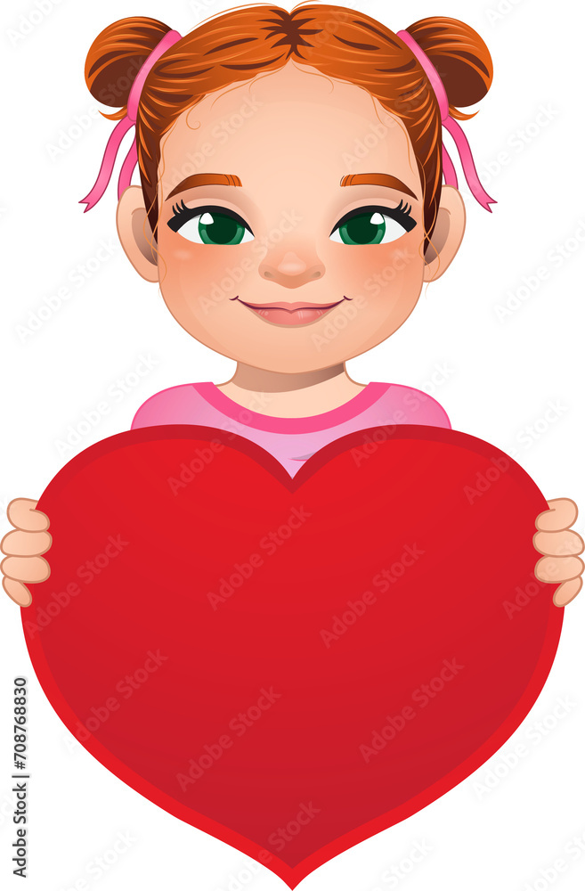 Valentine day with little girl with long hair and bun hairstyle holding red heart cartoon PNG Valentine day with little girl with long hair and bun hairstyle holding red heart cartoon PNG