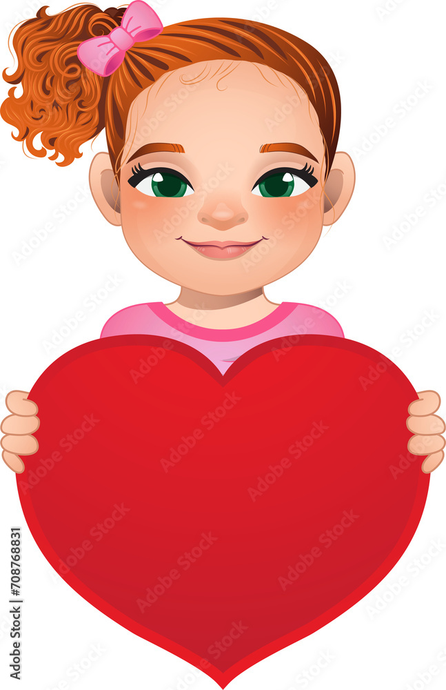 Valentine day with little girl with long curly hair and bun hairstyle or side tie hairstyle holding red heart cartoon PNG Valentine day with little girl with long curly hair and bun hairstyle or side tie hairstyle holding red heart cartoon PNG