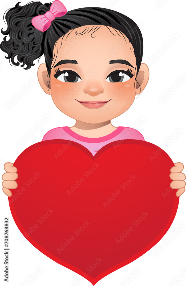 Valentine day with little girl with long curly hair and bun hairstyle or side tie hairstyle holding red heart cartoon PNG Valentine day with little girl with long curly hair and bun hairstyle or side tie hairstyle holding red heart cartoon PNG