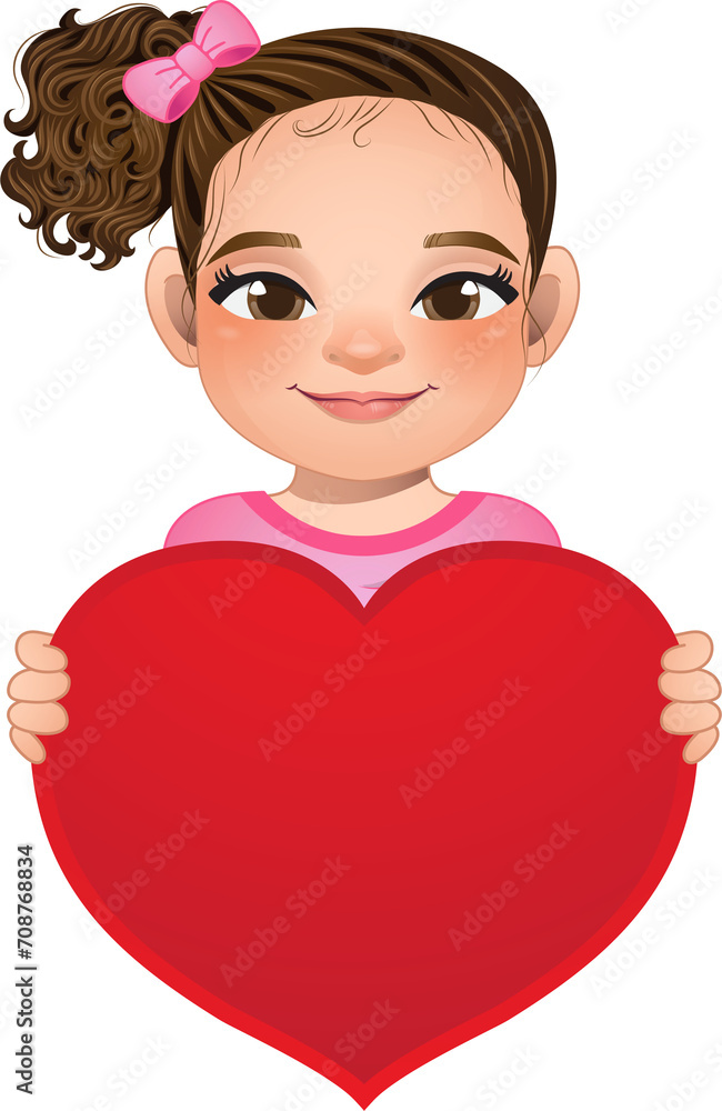 Valentine day with little girl with long curly hair and bun hairstyle or side tie hairstyle holding red heart cartoon PNG Valentine day with little girl with long curly hair and bun hairstyle or side tie hairstyle holding red heart cartoon PNG