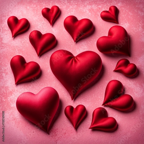 Red silk hearts on a pink concrete background