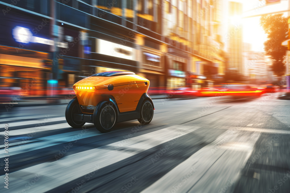 Modern automated food delivery robot riding on city street. Autonomous package delivery bot. Cost-efficient and energy-efficient last mile deliveries. Motion blur. Modern automated food delivery robot riding on city street. Autonomous package delivery bot. Cost-efficient and energy-efficient last mile deliveries. Motion blur.
