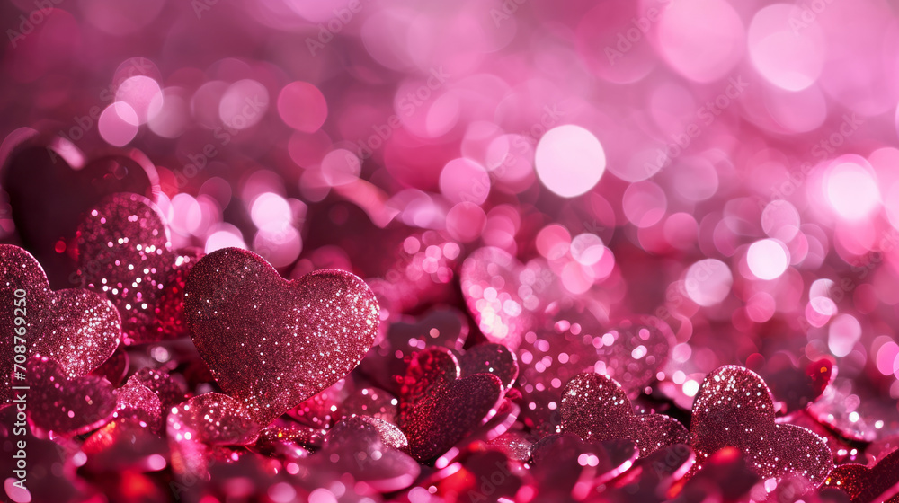 Valentine's day background with pink and red hearts, confetti and glittery particles.