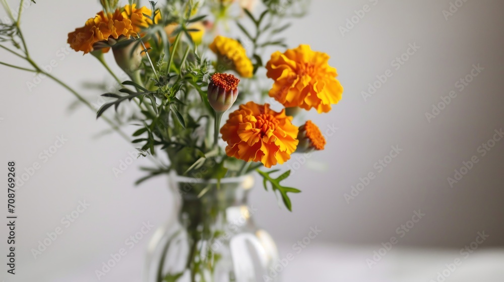 Fototapeta premium a vase filled with yellow and orange flowers on top of a white tablecloth and a white wall behind the vase is a gray wall behind the vase is a.