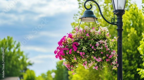  a lamp post with a bunch of flowers hanging from it's sides and a lamp post with a hanging basket of flowers hanging from the side of the pole.