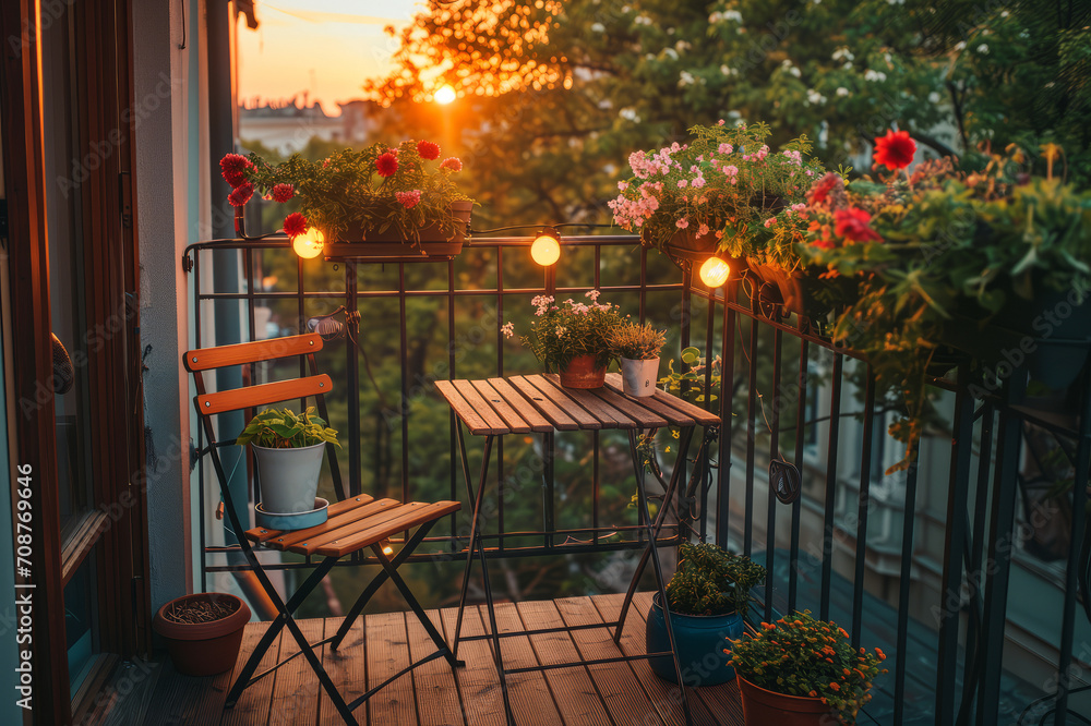 Cozy balcony or small terrace with simple folding furniture, blossoming plants in flower pots and light bulbs. Charming sunny evening in summer city.