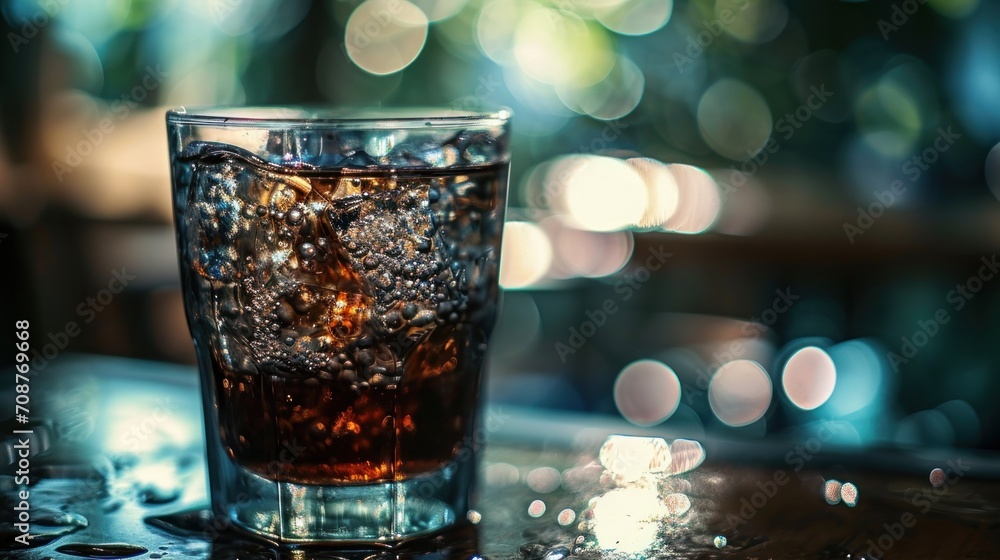 a close up of a glass of soda on a table with a blurry background of boke of lights and boke of lights in the back droplet. a close up of a glass of soda on a table with a blurry background of boke of lights and boke of lights in the back droplet.