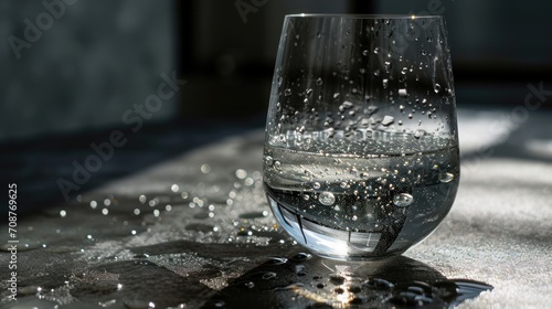  a close up of a glass of water on a table with drops of water on the surface of the glass and on top of the table is a table cloth. photo