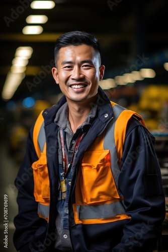 Portrait of a smiling Asian man wearing a reflective vest in a warehouse