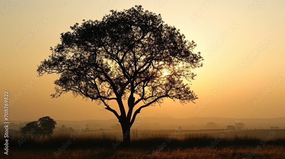  a lone tree is silhouetted against the setting sun in a field of brown grass and brown grass, with trees in the foreground, and distant hills in the distance.
