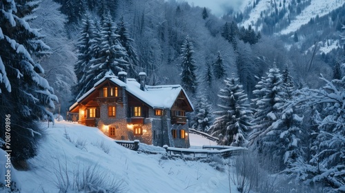  a house in the middle of a snowy mountain with a lot of trees on the other side of the house and a lot of lights on the front of the house.