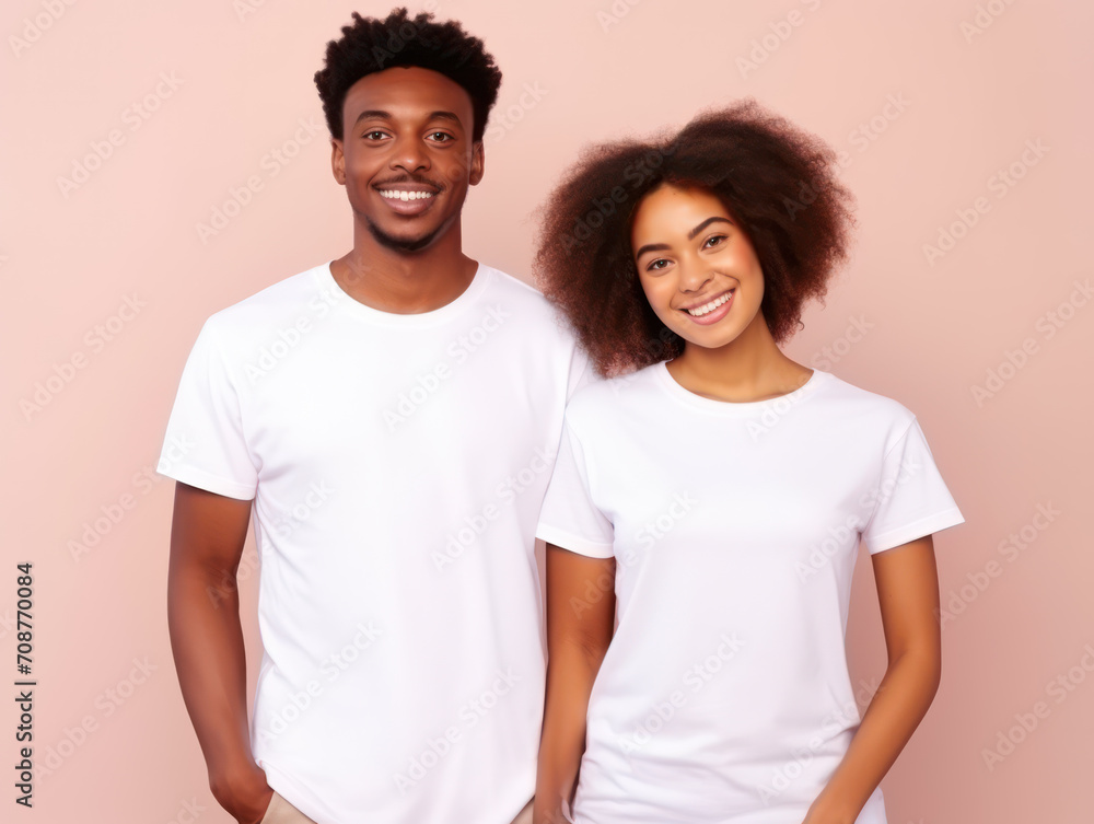 Portrait of African couple in blank white shirts for mockup isolated on pink background Portrait of African couple in blank white shirts for mockup isolated on pink background