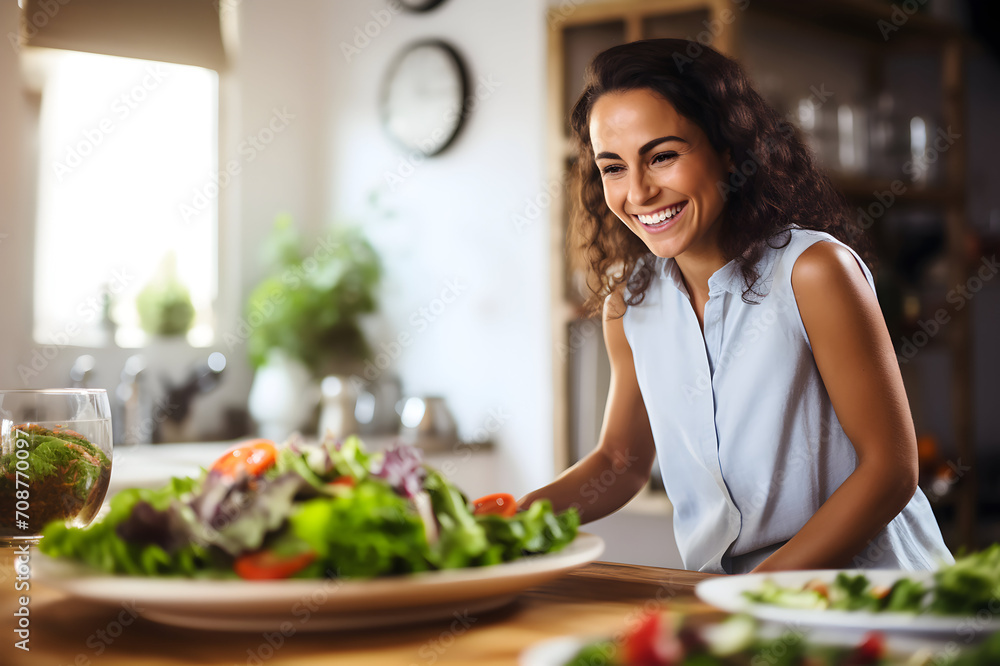 Portrait of a smiling young woman with salad in the kitchen at home