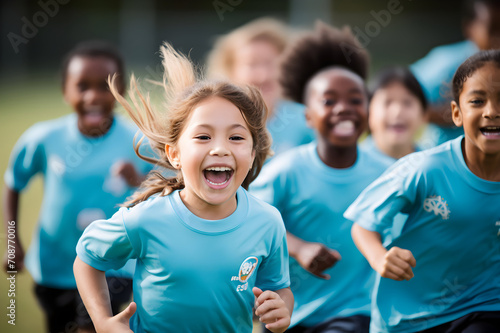 Portrait of smiling little girl running with friends during obstacle course in boot camp