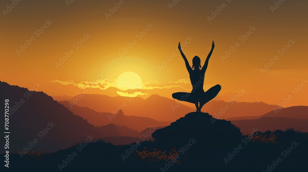  a silhouette of a person doing a yoga pose in front of an orange and yellow sky with the sun setting behind a mountain range with a person doing a handstand.