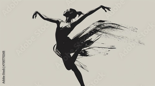 Leinwand Poster a black and white photo of a woman in a ballerina dress with her arms in the air and her leg in the air, with her right hand in the air