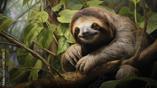  a painting of a sloth sitting on a tree branch with leaves around it s neck and a smile on the face of the sloth s face.