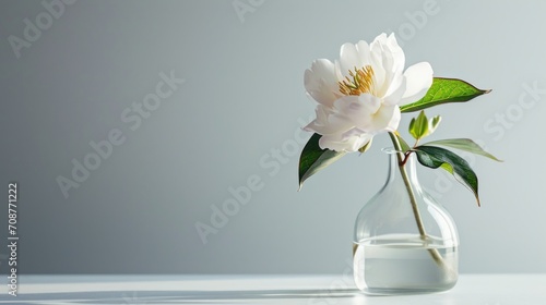  a white flower in a glass vase filled with water on a white table top with a gray wall behind it and a green leafy stem in the center of the vase. © Anna