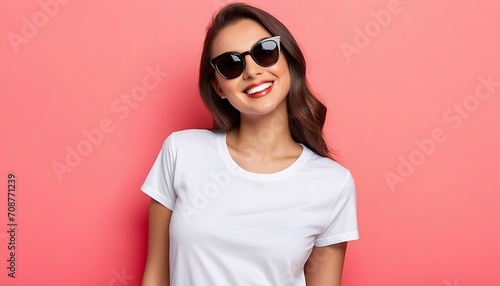 mockup: full young woman wearing sunglasses smiling with blank white t-shirt on a pastel red background, studio shot created with generative ai