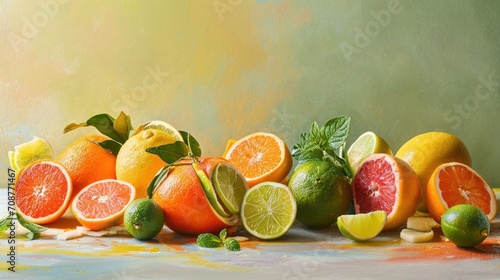  a group of citrus fruits sitting on top of a painting of oranges, lemons, limes, limes, and limes on a table cloth.
