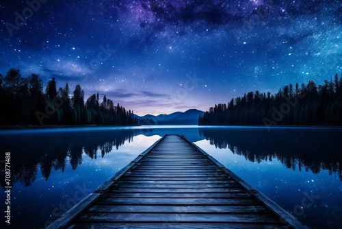 Tranquil lakeside vista at dusk wooden dock, starry night sky, full moon s gentle radiance