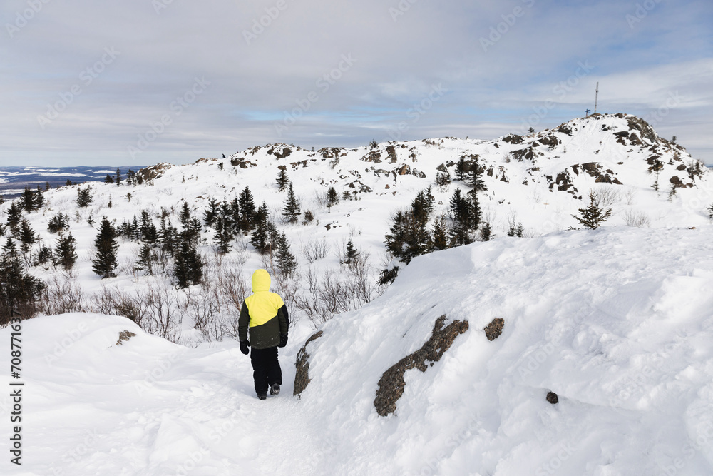 hiker on top of a snowy mountain