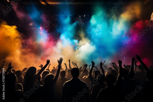 Dynamic and energetic concert stage with vibrant bokeh lights and blurred crowd in the background