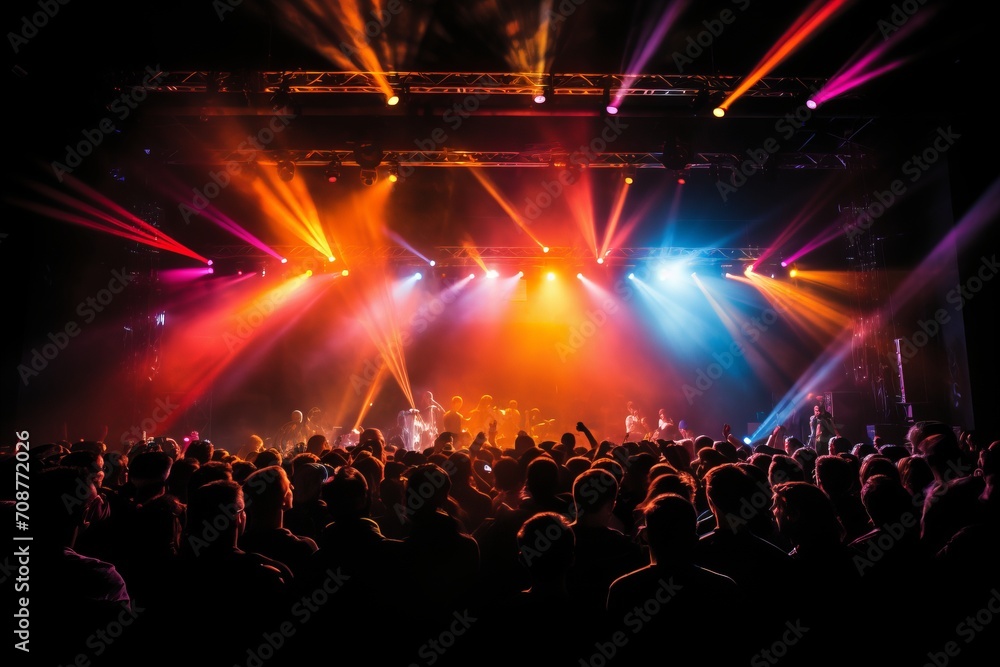 Vibrant concert stage with colorful lights and blurred crowd creating a beautiful bokeh effect