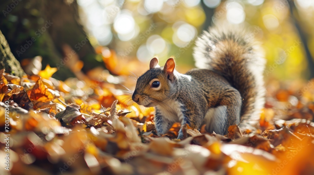 a squirrel standing on top of a pile of leaves on top of a forest filled with lots of orange and yellow leaves on top of the ground next to a tree. a squirrel standing on top of a pile of leaves on top of a forest filled with lots of orange and yellow leaves on top of the ground next to a tree.